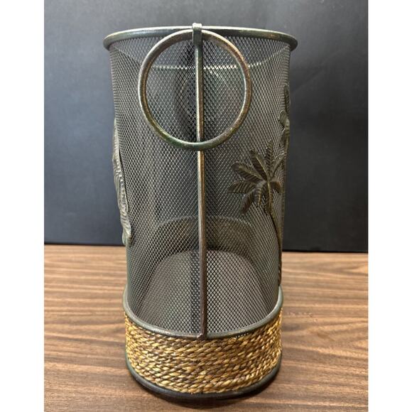 Oval Mesh Metal Basket Magazine Rack Elephants Tropical Palm Tree Waste Basket - Picture 2 of 9